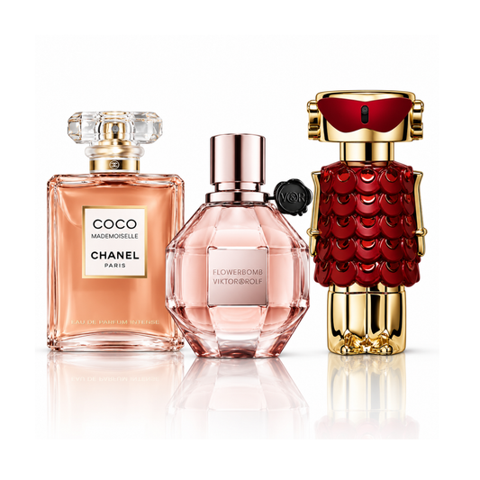 Σετ 3 αρωμάτων | Coco Mademoiselle Chanel Eau de Parfum – 100 ml | Flowerbomb Viktor&Rolf Eau de Parfum – 100 ml | Fame In Love Rabanne Parfum Elixir – 80 ml