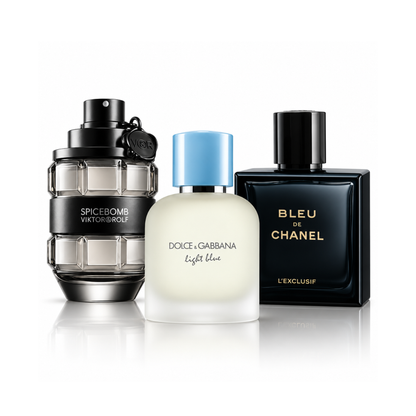 Σετ 3 αρωμάτων |Spicebomb Viktor&Rolf Eau de Toilette – 100 ml | Light Blue Pour Homme Dolce&Gabbana Eau de Toilette – 100 ml | Bleu de Chanel L’Exclusif – 100 ml